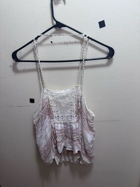 New Romantics White Crochet-Detail Camisole with Subtle Pink Stripe size small
